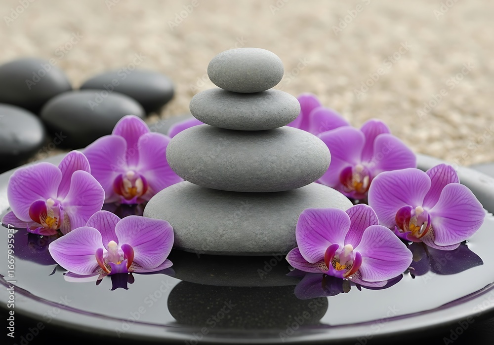 Fototapeta premium Gray stones, pink orchids, zen