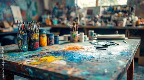 high-resolution art studio surface of mixed media table with scissors and glue, spotlight on work area, energetic mood, vivid saturation
