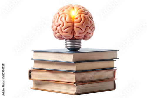 brain and stack of books new idea science concept isolated on white background, png, ai generated.