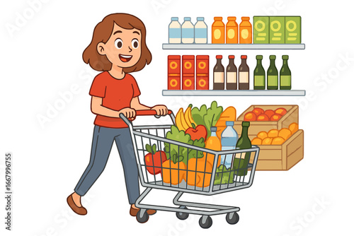 Woman shopping for groceries in supermarket. Happy customer with cart full of fresh, healthy food, produce, vegetables, fruit, beverages. Retail consumerism vector concept.