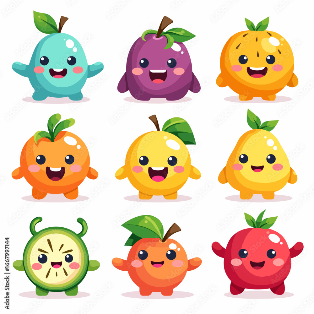 Obraz premium A set of kawaii style fruit with big eyes