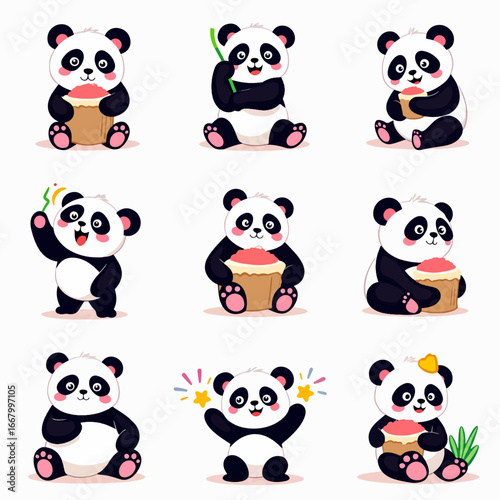 Set 9 Kawaii icon Vector illustration of a Panda with balloons in Kawaii style colors on white background

