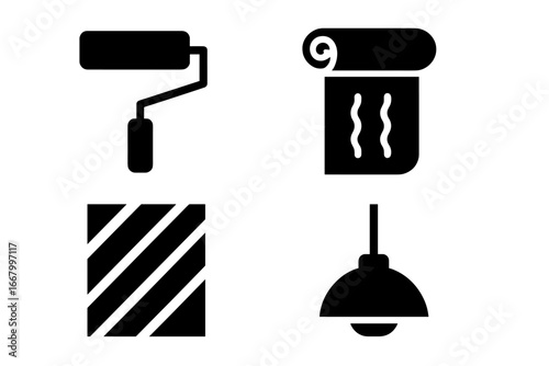Room Renovation Icons, Solid Filled Vector Set of Home Improvement Elements with Paint Roller, Wallpaper Roll, Floor Plank, and Hanging Light Fixture Symbols for Interior Design and Remodeling