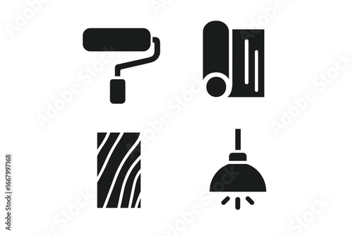 Solid filled room renovation icons set with paint roller, wallpaper roll, wood floor plank, and hanging light fixture, vector illustration for interior design and remodeling projects