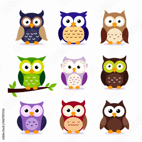 Cute owl character. Cartoon simple funny night bird with various emotions, comic childish owl mascot flat style. Vector birds isolated set