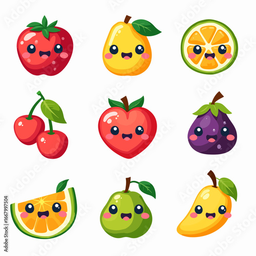 Funny cartoon fruits and vegetables are a cute and fun vector set of food characters illustration