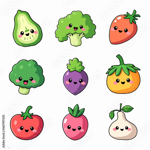 Funny cartoon fruits and vegetables are a cute and fun vector set of food characters illustration