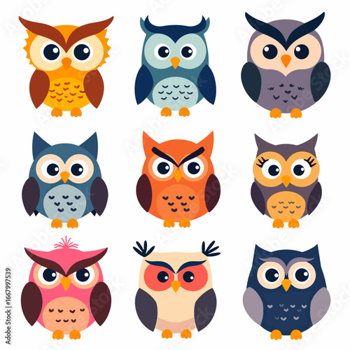 Cute owl character. Cartoon simple funny night bird with various emotions, comic childish owl mascot flat style. Vector birds isolated set