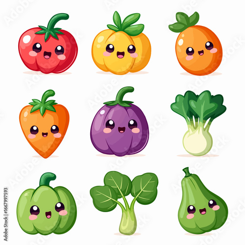 Funny cartoon fruits and vegetables are a cute and fun vector set of food characters illustration