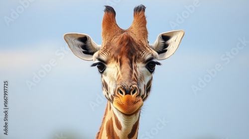 Close-up Portrait of a Giraffe against a Soft Blue Sky