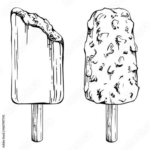Popsicle with crushed nuts coat on stick, ice cream bar dipped in chocolate shell. graphic illustration hand drawn in vector ink. Gourmet flavor branding, artisanal dessert design, street food vendor.