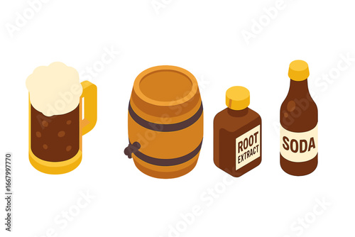 Root Beer Icon Set Isometric Vector Illustration of Frothy Mug, Barrel Keg, Root Extract Bottle, and Soda Bottle for Beverage and Drink Design