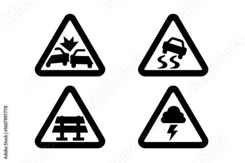Route Hazards Icons Set, Solid Filled Vector Symbols of Traffic Accident, Slippery Road, Roadblock, Weather Warning Alerts, Safe Driving Signs, Transport Safety