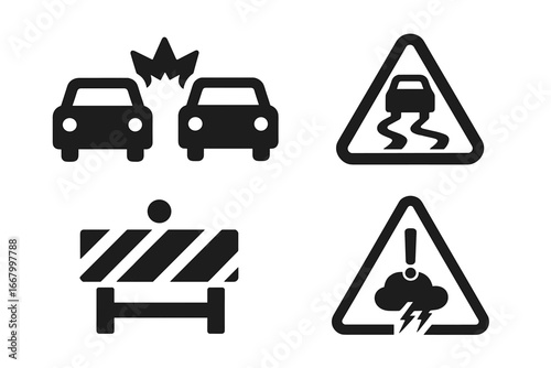 Route hazards solid filled icons set including car accident collision, slippery road warning, roadblock barrier alert, severe weather danger sign, vector illustration