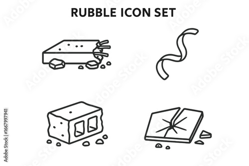 Rubble Icon Set, Outline Vector Icons of Concrete Slab with Twisted Metal Rebar, Broken Brick with Debris, Shattered Glass Pieces and Construction Debris Elements, Transparent Background