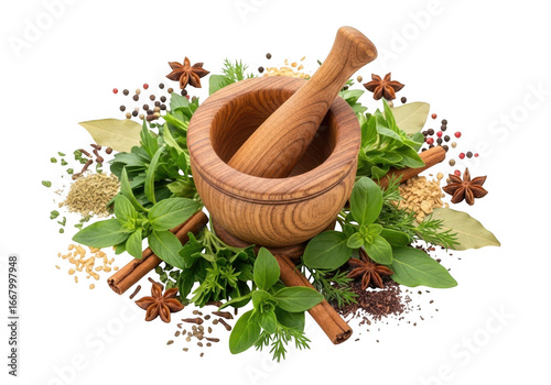 Ancient wooden mortar and pestle with fresh herbs and spices for holistic healing transparent background