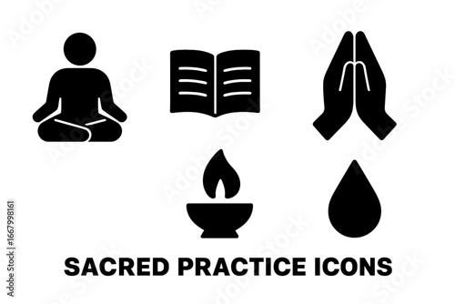 Sacred Practice Icons Set, Solid Black Filled Symbols of Meditation, Chanting Figure, Sacred Text, Prayer Hands, Ritual Flame, Water Drop, Spiritual and Religious Vector Illustration