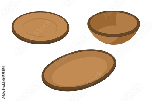 Rustic Tableware Icons Isometric Flat Vector Set of Ceramic Dinner Plate, Salad Bowl, and Serving Platter with Natural Textures and Warm Earth Tones for Kitchen and Dining Design