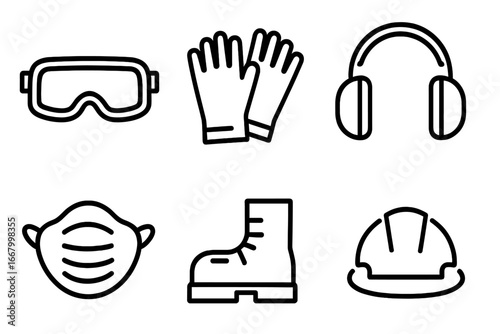 Safety gear icons set. Outline vector illustration of protective equipment including safety goggles, work gloves, ear muffs, dust mask, steel toe boots, and hard hat for workplace safety