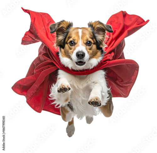 Dog with a red cape on his back like Superman jumping up in the air isolated on white background.PNG format.