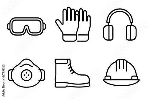 Safety Gear Icons Set, Outline Vector of Personal Protective Equipment Including Safety Goggles, Work Gloves, Ear Muffs, Dust Mask, Steel Toe Boots, and Hard Hat for Industrial Safety