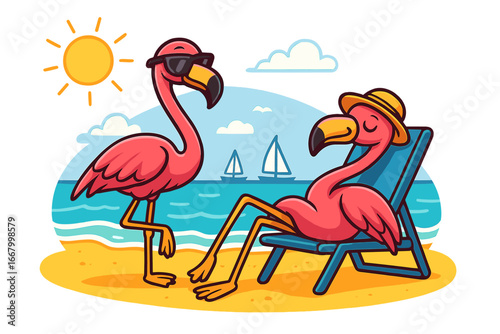 Two funny cartoon flamingos on summer vacation. Couple of tropical birds relaxing on a sunny beach. One flamingo sunbathing in a chair, one standing in sunglasses. Vector.