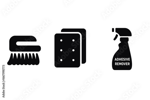 Solid Icon Set of Sanding Maintenance Tools including Cleaning Brush, Replacement Sanding Sheets, and Adhesive Remover Spray Bottle, Vector Illustration on Transparent Background