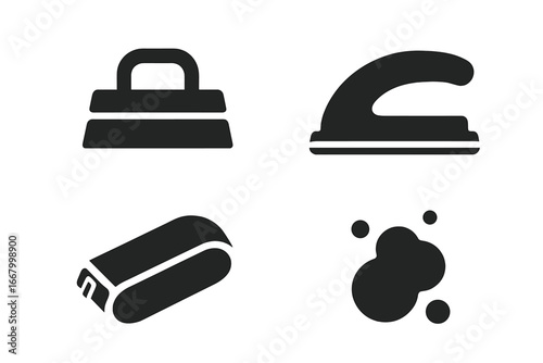 Solid filled vector icons of sanding tools and accessories, including sanding block with handle grip, sanding belt clamp, dust particles, and polishing tools for woodworking and finishing