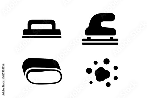 Solid filled sanding tools icons, vector set of sanding accessories including sanding block, handle grip, sanding belt clamp, dust particles illustration on transparent background