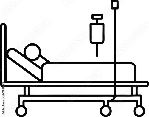 Patient on hospital bed with IV drip, clean medical line-icon vector.