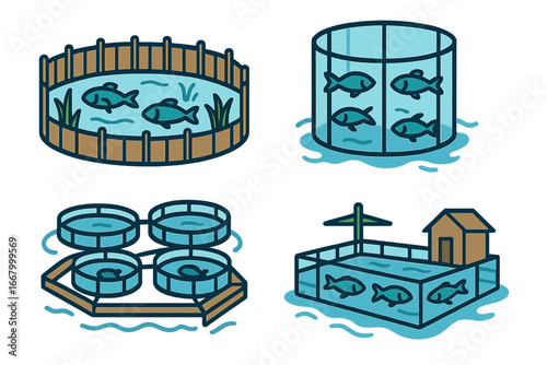 Fish farming vector icon set. Aquaculture industry concept with different systems like pond, cage, and tank. Commercial fishery and sustainable seafood production illustration.