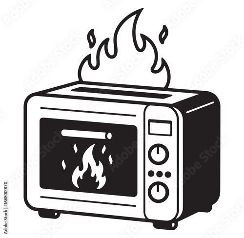 Cartoon illustration of a toaster on fire with flames rising above and inside