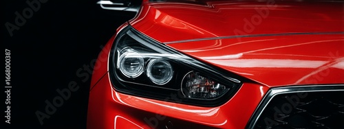 Closeup on headlight of a generic and unbranded red car on a black background