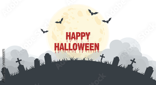 Spooky full moon illuminates a mysterious graveyard with flying bats, setting a chilling scene for a Happy Halloween celebration