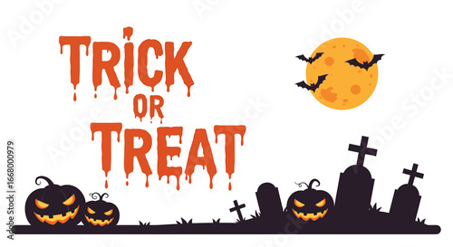 Halloween 'TRICK OR TREAT' illustration with glowing full moon, flying bats, and spooky graveyard silhouette featuring jack-o'-lanterns and gravestones