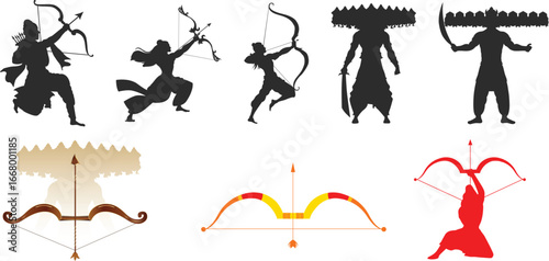 Dussehra elements ram with bow or ravan with sword black Silhouette clip art Illustration elements 