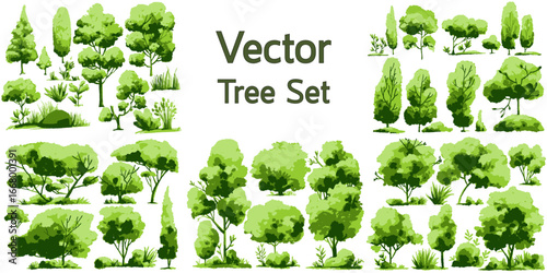 The image is a "Vector Tree Set", a collection of stylized digital illustrations of various trees and shrubs. The illustrations are rendered in a vibrant green color palette, with shading to give them