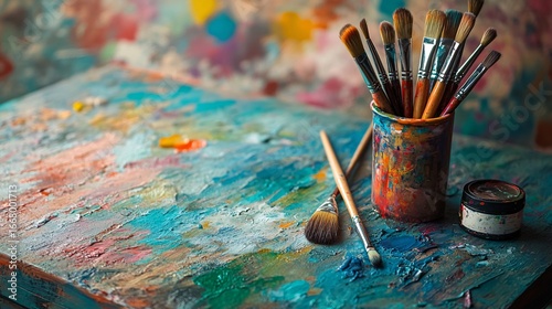 colorful office texture of messy artist desk with brushes and paints, soft ambient light, vivid saturation, productive feel
