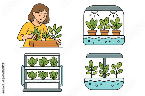 Modern indoor gardening set. Woman planting seedlings. Hydroponics system with grow lights for home farming. Urban agriculture and vertical farm concept. Vector flat illustration.