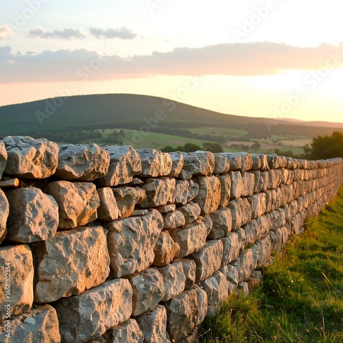 Stone wall at sunset over rolling hills