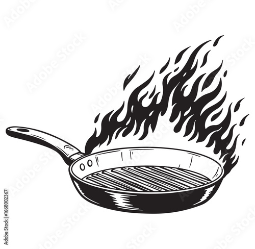 Grilling pan on fire illustration of a kitchen cooking tool and fiery flames in graphic style