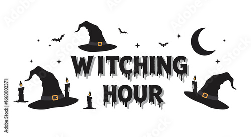 Witching Hour Illustration with Hats, Candles, and Moon