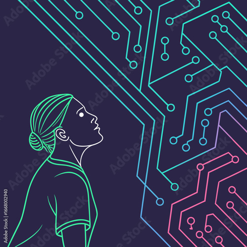 Illustration of a woman looking at a digital circuit board design