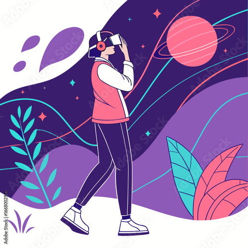 Vector art of a woman wearing vr headset experiencing virtual reality in space world