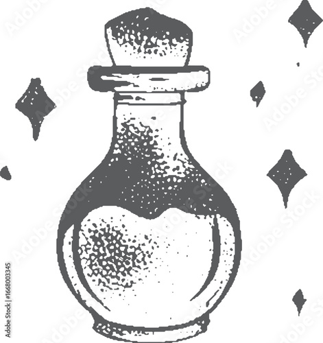 Potion bottle with cork and liquid, featuring magic symbols in vintage monochrome style. Handdrawn ink vector illustration with classic texture.