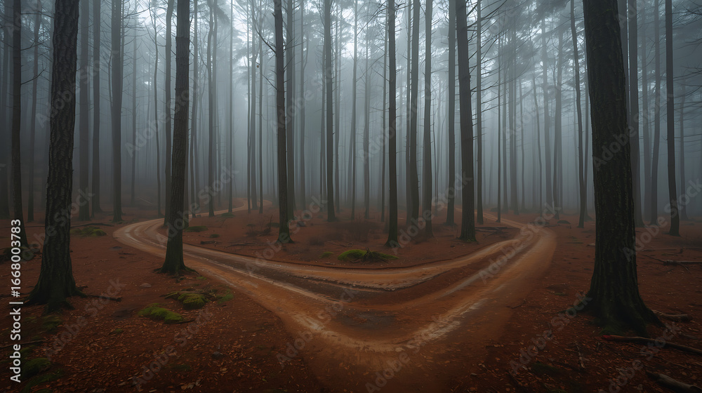 Obraz premium The scene depicts a misty, mysterious forest with tall, slender trees, reddish-brown soil, and green moss, with a single dirt path dividing into two winding roads.