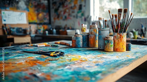 high-resolution art studio surface of mixed media table with scissors and glue, spotlight on work area, energetic mood, bright and vivid
