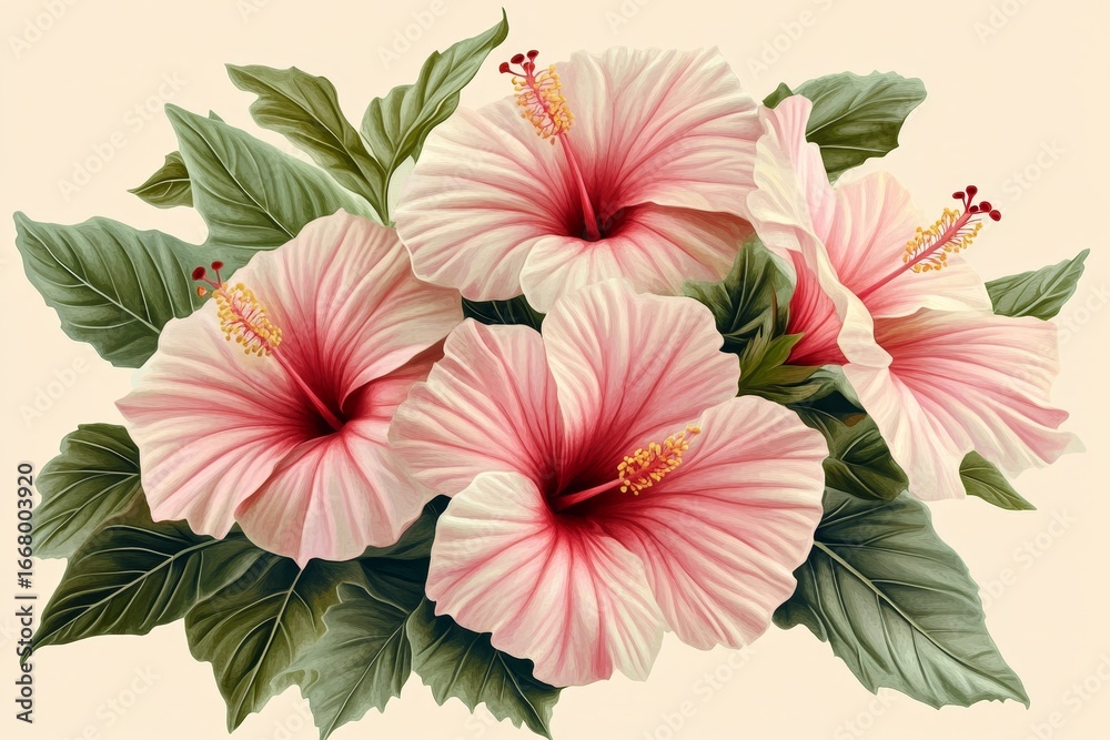 Obraz premium Delicate, pastel-colored hibiscus blossoms in a lush, detailed floral arrangement.