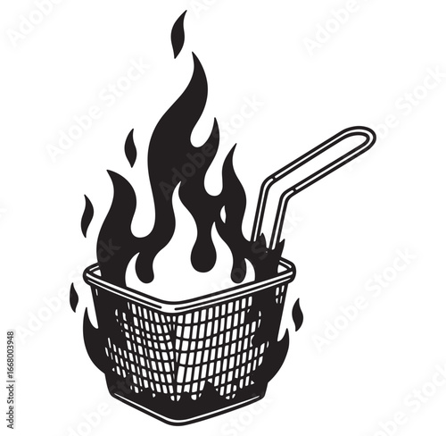 Illustration of a frying basket on fire representing fast food cooking and heat