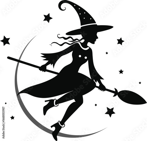 Witch Riding Broomstick With Star Trail Effect